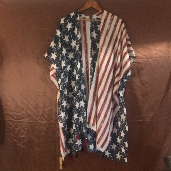 NWT USA Flag patriotic lightweight open kimono tassels OS boho summer cover up - Picture 6 of 15